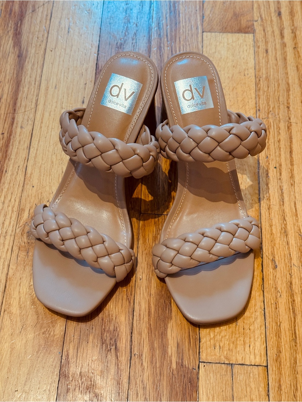 DV by Dolce Vita Braided Double-Strap Slide Sandals Heels in Tan Beige or Nude